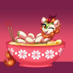 Size: 4000x4000 | Tagged: safe, artist:confetticakez, autumn blaze, kirin, g4, absurd resolution, awwtumn blaze, bowl, chopsticks, cloven hooves, cute, egg, female, food, gradient background, heart, heart eyes, looking at you, noodles, one eye closed, open mouth, open smile, ponies in food, ramen, smiling, solo, wingding eyes, wink, winking at you