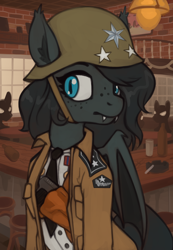 Size: 928x1341 | Tagged: safe, artist:marsminer, oc, oc only, oc:umbra glow, bat pony, pony, equestria at war mod, background pony, bar, bat pony oc, bottle, chair, chest strap, cigarette, clothes, fangs, freckles, gun, helmet, necktie, shirt, stalhelm, stars, strap, weapon