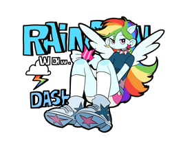 Size: 1946x1642 | Tagged: safe, artist:weiawei08194, rainbow dash, human, equestria girls, g4, clothes, collar, female, lidded eyes, ponied up, shorts, simple background, solo, white background