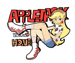 Size: 1946x1642 | Tagged: safe, artist:weiawei08194, applejack, human, equestria girls, g4, clothes, cowprint, female, lidded eyes, ponied up, shorts, simple background, solo, white background