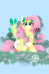 Size: 1200x1800 | Tagged: safe, artist:dontmindmebree, fluttershy, pegasus, pony, g4, big eyes, blue background, blushing, colored hooves, colored wings, eyelashes, female, freckles, green eyes, hooves, looking at you, pegasus wings, pink hooves, pink mane, pink tail, redesign, simple background, sitting, smiling, smiling at you, solo, spread wings, tail, two toned wings, wings