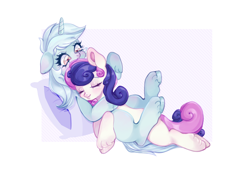 Size: 3378x2388 | Tagged: safe, artist:cutie7770, bon bon, lyra heartstrings, sweetie drops, earth pony, unicorn, g4, blushing, duo, eyes closed, female, horn, lesbian, mare, ship:lyrabon, shipping, simple background, snuggling, unshorn fetlocks, white background