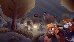 Size: 4850x2820 | Tagged: safe, artist:singovih, oc, oc only, oc:calamity, oc:littlepip, earth pony, griffon, pegasus, pony, unicorn, fallout equestria, armor, campfire, clothes, fanfic art, female, fire, flag, fog, food, forest, gun, horn, injured, jumpsuit, male, mare, meat, nature, night, ponies eating meat, sky, stallion, tent, tree, vault suit, weapon