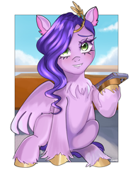 Size: 1536x2048 | Tagged: safe, artist:namieart, pipp petals, pegasus, pony, g5, cellphone, chest fluff, female, hair over one eye, hoof hold, mare, passepartout, phone, pipp's phone, signature, sitting, smartphone, solo, unshorn fetlocks