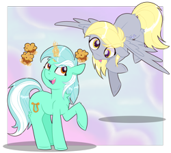 Size: 1900x1700 | Tagged: safe, artist:twittershy, derpy hooves, lyra heartstrings, pegasus, pony, unicorn, g4, derp, drool, duo, duo female, eyes on the prize, female, flying, food, glowing, glowing horn, horn, magic, mare, muffin, open mouth, open smile, raised hoof, smiling, telekinesis, that pony sure does love muffins, tongue out