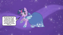 Size: 2348x1321 | Tagged: safe, edit, edited screencap, screencap, twilight sparkle, pony, unicorn, g4, suited for success, clothes, dress, female, gala dress, mare, speech bubble, talking to viewer, unicorn twilight