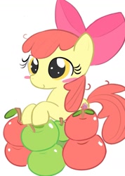 Size: 1041x1462 | Tagged: safe, artist:bonnboncakez, apple bloom, earth pony, pony, g4, adorabloom, apple, apple bloom's bow, blushing, bow, cute, female, filly, foal, food, green apple, hair bow, simple background, smiling, solo, white background