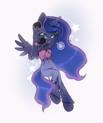 Size: 2328x2771 | Tagged: safe, artist:amitadust, artist:auroracursed, princess luna, alicorn, anthro, unguligrade anthro, g4, abstract background, clothes, corded phone, denim, ethereal mane, ethereal tail, female, gradient background, heart, high waist jeans, jeans, pants, phone, solo, speech bubble, spoken heart, spread wings, stars, tail, talking on phone, tank top, wings, wrist cuffs