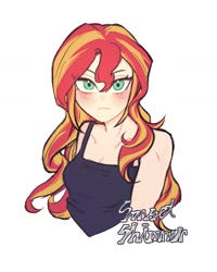 Size: 1152x1440 | Tagged: safe, artist:__mainupati, artist:dusknebula, sunset shimmer, human, g4, bare shoulders, blushing, breasts, bust, cleavage, clothes, female, gift art, humanized, looking at you, simple background, solo, tank top, white background