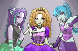 Size: 2048x1352 | Tagged: safe, artist:dusknebula, adagio dazzle, aria blaze, sonata dusk, human, equestria girls, g4, bare shoulders, clothes, dress, female, gem, gradient background, gray background, looking at you, nail polish, necktie, open mouth, reaching, siren gem, sleeveless, smiling, the dazzlings, trio