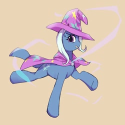 Size: 1384x1384 | Tagged: safe, artist:dusknebula, trixie, pony, unicorn, g4, cape, clothes, female, grin, hat, horn, looking at you, magic, mare, nervous, nervous smile, profile, simple background, smiling, solo, tan background, trixie's cape, trixie's hat