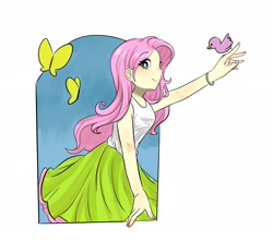 Size: 2044x1807 | Tagged: safe, artist:dusknebula, fluttershy, bird, butterfly, human, equestria girls, g4, clothes, cute, female, looking at you, nail polish, profile, shirt, shoes, shyabetes, simple background, skirt, smiling, socks, solo, sweat, sweatdrop, tank top, white background, window, wristband