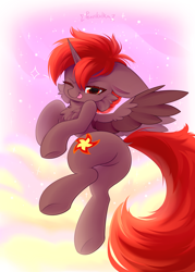 Size: 2500x3500 | Tagged: source needed, safe, artist:persikulka, oc, oc only, oc:hardy, alicorn, pony, :p, butt, chest fluff, full body, high res, looking at you, male, one eye closed, plot, rear view, solo, spread wings, stallion, tongue out, underhoof, wings, wink