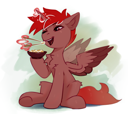 Size: 3048x2728 | Tagged: source needed, safe, artist:taneysha, oc, oc only, oc:hardy, alicorn, pony, chest fluff, chopsticks, eating, high res, magic, male, open mouth, sitting, solo, spread wings, stallion, telekinesis, wings