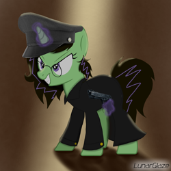 Size: 1000x1000 | Tagged: safe, artist:lunarglaze, oc, oc only, oc:dolores, pony, unicorn, base used, clothes, coat, dark background, evil smile, glasses, glowing, glowing horn, gradient background, gun, handgun, hat, horn, long sleeves, m9, magic, peaked cap, pistol, round glasses, shadow, smiling, solo, telekinesis, weapon