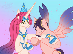 Size: 4496x3300 | Tagged: safe, artist:kelseyleah, princess amore, oc, oc:crescendo celestine, pegasus, pony, unicorn, g4, canon x oc, duo, duo male and female, female, gradient background, horn, kissing, male, mare, stallion, straight