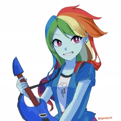 Size: 2048x2048 | Tagged: safe, artist:dusknebula, rainbow dash, human, equestria girls, g4, clothes, electric guitar, eye clipping through hair, eyebrows, eyebrows visible through hair, female, grin, guitar, jacket, looking at you, musical instrument, shirt, shoes, signature, simple background, skirt, smiling, smiling at you, socks, solo, thin, vest, white background