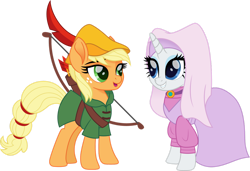 Size: 1280x874 | Tagged: safe, artist:cloudy glow, applejack, rarity, earth pony, pony, unicorn, g4, arrow, bow (weapon), bow and arrow, clothes, disney, dress, duo, duo female, female, gown, horn, lesbian, maid marian, mare, robin hood, ship:rarijack, shipping, simple background, transparent background, weapon