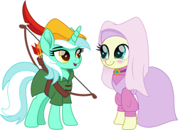 Size: 1280x935 | Tagged: safe, alternate character, alternate version, artist:cloudy glow, bon bon, lyra heartstrings, sweetie drops, earth pony, pony, unicorn, g4, arrow, bow (weapon), bow and arrow, clothes, disney, dress, duo, duo female, female, gown, horn, lesbian, maid marian, mare, robin hood, ship:lyrabon, shipping, simple background, transparent background, weapon