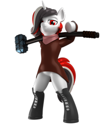 Size: 1500x1700 | Tagged: safe, artist:argos90, oc, oc only, oc:red rocket, unicorn, 3d, 3d model, bandana, boots, clothes, hammer, horn, looking at you, rubber boots, shoes, simple background, solo, transparent background, unamused