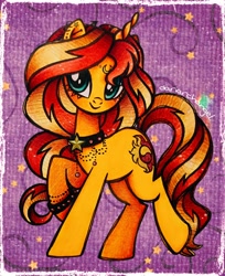 Size: 2584x3160 | Tagged: safe, artist:dariarchangel, part of a set, sunset shimmer, pony, unicorn, equestria girls, g4, alternate hairstyle, beads, big eyes, blushing, bracelet, choker, crescent moon, cute, ear piercing, earring, female, glittery cutie mark, horn, jewelry, long hair, long mane, long tail, mare, moon, orange coat, piercing, punkset shimmer, raised hoof, redhead, rockstar, shimmerbetes, smiling, solo, stars, tail, traditional art, two toned hair, two toned mane, two toned tail, unicorn horn