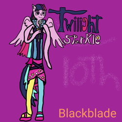 Size: 1280x1280 | Tagged: safe, artist:blackblade360, twilight sparkle, human, rainbow rocks 10th anniversary, equestria girls, g4, my little pony equestria girls: rainbow rocks, 10th anniversary, 2024, digital art, ibispaint x, looking at you, microphone, pose, purple eyes, purple skin, rainbow rocks outfit, shading, signature, smiling, spread wings, title card, wings