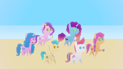 Size: 1920x1080 | Tagged: safe, artist:carrotorangelight, hitch trailblazer, izzy moonbow, misty brightdawn, pipp petals, sunny starscout, zipp storm, earth pony, pegasus, pony, unicorn, g5, beach, female, horn, male, mane five, mane six (g5), ocean, pointy ponies, stroll, water