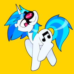 Size: 1750x1750 | Tagged: safe, artist:vivian reed, dj pon-3, vinyl scratch, pony, unicorn, g4, eyelashes, female, glasses, heart, heart eyes, horn, looking back, mare, no pupils, open mouth, open smile, profile, raised hoof, raised leg, signature, simple background, smiling, solo, sunglasses, sunglasses on head, trotting, vinyl's glasses, wingding eyes, yellow background