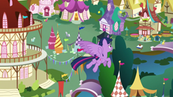 Size: 1280x720 | Tagged: safe, screencap, atomic crystal, beta particle, bigger jim, cherry berry, fluttershy, lemon chiffon, lemon hearts, neighls bohr, plunkett, royal riff, salt water, twilight sparkle, winter wisp, alicorn, earth pony, pony, unicorn, fame and misfortune, g4, season 7, bridge, flying, horn, ponyville, ponyville town hall, river, twilight sparkle (alicorn), water