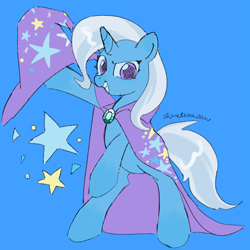 Size: 4096x4096 | Tagged: safe, artist:metaruscarlet, trixie, pony, unicorn, g4, bipedal, blue background, cape, clothes, female, grin, hat, horn, looking at you, mare, raised hoof, simple background, smiling, solo, trixie's cape, trixie's hat