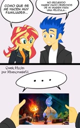 Size: 750x1200 | Tagged: safe, artist:monocromia, flash sentry, sunset shimmer, elemental, fire elemental, human, water elemental, equestria girls, g4, ..., crossover, disney, elemental (pixar), ember lumen, female, fire, male, pixar, ship:flashimmer, shipping, spanish, straight, wade ripple, water