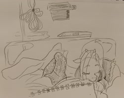 Size: 2048x1613 | Tagged: safe, artist:pony quarantine, oc, oc only, oc:dyx, oc:ponyquarantine, alicorn, human, pony, bed, clothes, eye clipping through hair, eyebrows, eyebrows visible through hair, eyes closed, female, filly, foal, hospital bed, lying down, mare, monochrome, offscreen character, pencil drawing, pov, prone, sleeping, socks, solo focus, traditional art