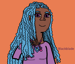 Size: 740x640 | Tagged: safe, artist:blackblade360, izzy moonbow, human, g5, african american, black, bust, clothes, curly hair, cutie mark accessory, digital art, eyelashes, human coloration, humanized, ibispaint x, jewelry, long hair, looking at you, necklace, pony to human, purple eyes, purple shirt, shading, shirt, signature, smiling, smiling at you