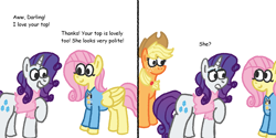 Size: 2000x1000 | Tagged: safe, artist:zoeyhorse, applejack, fluttershy, rarity, earth pony, pegasus, pony, unicorn, g4, 2 panel comic, bluey, clothes, comic, dialogue, female, horn, implied lesbian, implied rarijack, implied shipping, innuendo, mare, open mouth, open smile, shirt, simple background, smiling, trio, trio female, white background