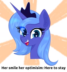 Size: 1563x1668 | Tagged: safe, artist:scandianon, princess luna, alicorn, pony, g4, bust, cute, female, looking at you, lunabetes, mare, meme, open mouth, open smile, reaction image, s1 luna, smiling, smiling at you, solo, sunburst background