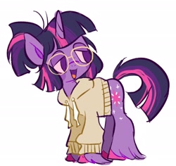 Size: 2048x1932 | Tagged: safe, artist:alexbeeza, twilight sparkle, pony, unicorn, g4, alternate accessories, alternate design, alternate hairstyle, blush sticker, blushing, clothes, colored hooves, colored pinnae, colored sclera, female, glasses, hoodie, hooves, horn, lidded eyes, looking back, mare, meganekko, no catchlights, no pupils, open mouth, open smile, pink hooves, pink sclera, ponytail, purple eyes, purple mouth, round glasses, simple background, smiling, standing, three toned mane, three toned tail, unicorn horn, unicorn twilight, unshorn fetlocks, white background