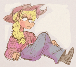 Size: 667x589 | Tagged: safe, artist:punkittdev, applejack, earth pony, anthro, plantigrade anthro, g4, abstract background, applejack's hat, blonde mane, boots, clothes, colored sketch, cowboy boots, cowboy hat, crossed legs, female, filter, flannel, flannel shirt, freckles, frown, hat, lidded eyes, looking back, mare, noise, orange coat, pants, ponytail, shirt, shoes, sitting, sketch, solo, stetson, tied mane, yellow mane