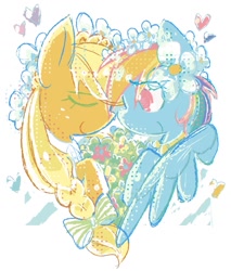 Size: 879x1034 | Tagged: safe, artist:appledash3r_, applejack, rainbow dash, earth pony, pegasus, pony, g4, alternate accessories, art trade, blonde mane, blue coat, blue eyelashes, braid, braided ponytail, colored eyelashes, duo, duo female, eyelashes, eyes closed, facing each other, female, floating heart, freckles, green eyelashes, hatless, heart, lesbian, looking at someone, mare, missing accessory, multicolored hair, multicolored mane, orange coat, pink eyes, ponytail, profile, rainbow hair, raised hoof, ship:appledash, shipping, simple background, smiling, smiling at someone, tied mane, white background, wings, wings down