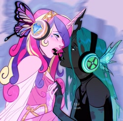 Size: 2569x2515 | Tagged: safe, artist:peachmichea, princess cadance, queen chrysalis, human, g4, bust, butterfly wings, clothes, dress, evening gloves, female, fingerless elbow gloves, fingerless gloves, gloves, hands together, headset, height difference, horn, horned humanization, horns are touching, humanized, infidelity, lesbian, long gloves, magnet (vocaloid), open mouth, pony coloring, ship:cadalis, shipping, singing, wings