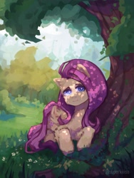 Size: 2131x2833 | Tagged: safe, artist:superkiiisa, fluttershy, pegasus, pony, g4, dappled sunlight, lightly watermarked, looking at you, solo, tree, under the tree, watermark