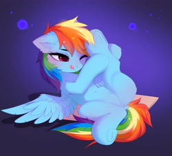 Size: 4096x3721 | Tagged: safe, artist:empress-twilight, rainbow dash, pegasus, pony, g4, :p, belly, belly button, blushing, butt, cheek fluff, chest fluff, commission, cute, dashabetes, dock, ear fluff, featureless crotch, female, fluffy, mare, one eye closed, plot, solo, spread wings, stretching, tail, tongue out, underhoof, wings, ych result