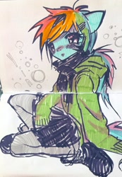 Size: 2827x4096 | Tagged: safe, artist:ieatedyuripizza, rainbow dash, anthro, g4, blushing, boots, clothes, hoodie, leggings, ponytail, scarf, shoes, skirt, solo, traditional art