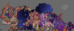 Size: 4096x1714 | Tagged: safe, artist:mercedeskenny, princess cadance, princess celestia, princess flurry heart, princess luna, twilight sparkle, alicorn, pony, g4, alicorn tetrarchy, alternate design, coat markings, colored wings, curved horn, facial markings, female, gradient wings, high res, horn, leonine tail, mare, multicolored hair, older, older flurry heart, pale belly, rainbow hair, snip (coat marking), spread wings, tail, twilight sparkle (alicorn), wings