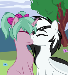 Size: 1229x1352 | Tagged: safe, oc, oc only, oc:magicalmysticva, oc:shouka, unicorn, bow, couple, duo, duo female, female, girlfriend, hair bow, horn, kiss on the lips, kissing, lesbian, outdoors, pigtails, pink body, teal mane, tree