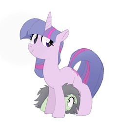 Size: 1736x1841 | Tagged: safe, artist:mandumustbasukanemen, twilight sparkle, oc, oc:filly anon, pony, unicorn, g4, duo, female, filly, foal, hiding, looking back, mare, scared, simple background, unicorn twilight, white background