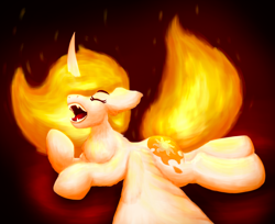 Size: 2620x2135 | Tagged: safe, artist:gosha305, daybreaker, pony, g4, chest fluff, curved horn, ear fluff, eyes closed, fangs, female, fluffy, full body, gradient background, horn, lineless, lying down, mane of fire, mare, missing accessory, open mouth, prone, raised hoof, solo, spread wings, teeth, wings, yawn