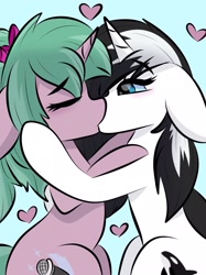 Size: 1535x2048 | Tagged: safe, oc, oc:magicalmysticva, oc:shouka, pony, unicorn, couple, duo, duo female, female, heart, horn, kissing, lesbian