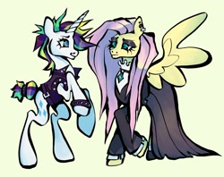 Size: 1440x1141 | Tagged: safe, artist:broniesforponies, fluttershy, rarity, pegasus, pony, g4, duo, duo female, female, fluttergoth, goth, lesbian, mare, punk, rearing, ship:flarity, shipping, simple background, tan background