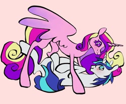 Size: 1440x1197 | Tagged: safe, artist:broniesforponies, princess cadance, shining armor, alicorn, pony, unicorn, g4, concave belly, female, horn, lanky, male, mare, physique difference, pink background, ship:shiningcadance, shipping, simple background, skinny, stallion, straight, tall, thin