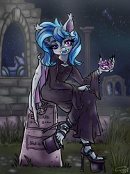 Size: 506x676 | Tagged: safe, artist:minka, oc, oc only, oc:epitaphy, bat pony, undead, vampire, anthro, bat pony oc, blue lipstick, church, clothes, dress, edgy, fangs, feet, female, flower, goth, gothic, gravestone, graveyard, heterochromia, high heels, lipstick, long dress, long toenails, looking at you, metal band, platform heels, rose, ruins, shoes, the vampires, toenails